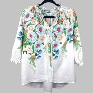 Kaktus Linen Rayon V-neck Painted Floral Blouse